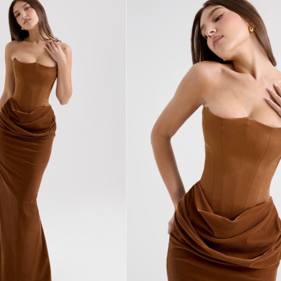 House of CB Persephone Toffee Strapless Corset Maxi Dress Brown NWOT - Picture 1 of 10